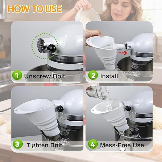 2026 Upgraded No-Mess Flour Funnel for KitchenAid Stand Mixer with Scoop and Cleaning Brush, Foldable Silicone Pouring Chute for 4.5-5 Qt Tilt-Head KSM150 Artisan, Splash-Proof Set, Dishwasher Safe