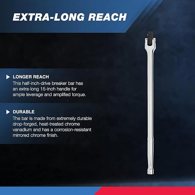Neiko 00200A 1/2" Drive Extension Breaker Bar | 15" Length | Rotating Flex Head | CR-V Steel