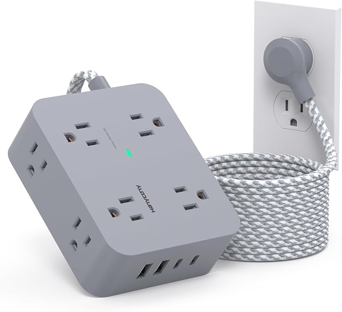 Extension Cord 6 Feet, HANYCONY Surge Protector Power Strip with 2 USB C Ports, 8 Outlets Extender with Flat Plug, Multi Plug Oulet for College Dorm Room Essentials