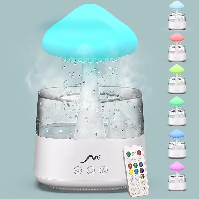 Rain Cloud Humidifier for Bedroom with Remote Control, Built-in Sound Speaker, Aromatherapy Water Drip Diffuser, LED Night Light & Raindrop Sounds for Sleep and Relaxation