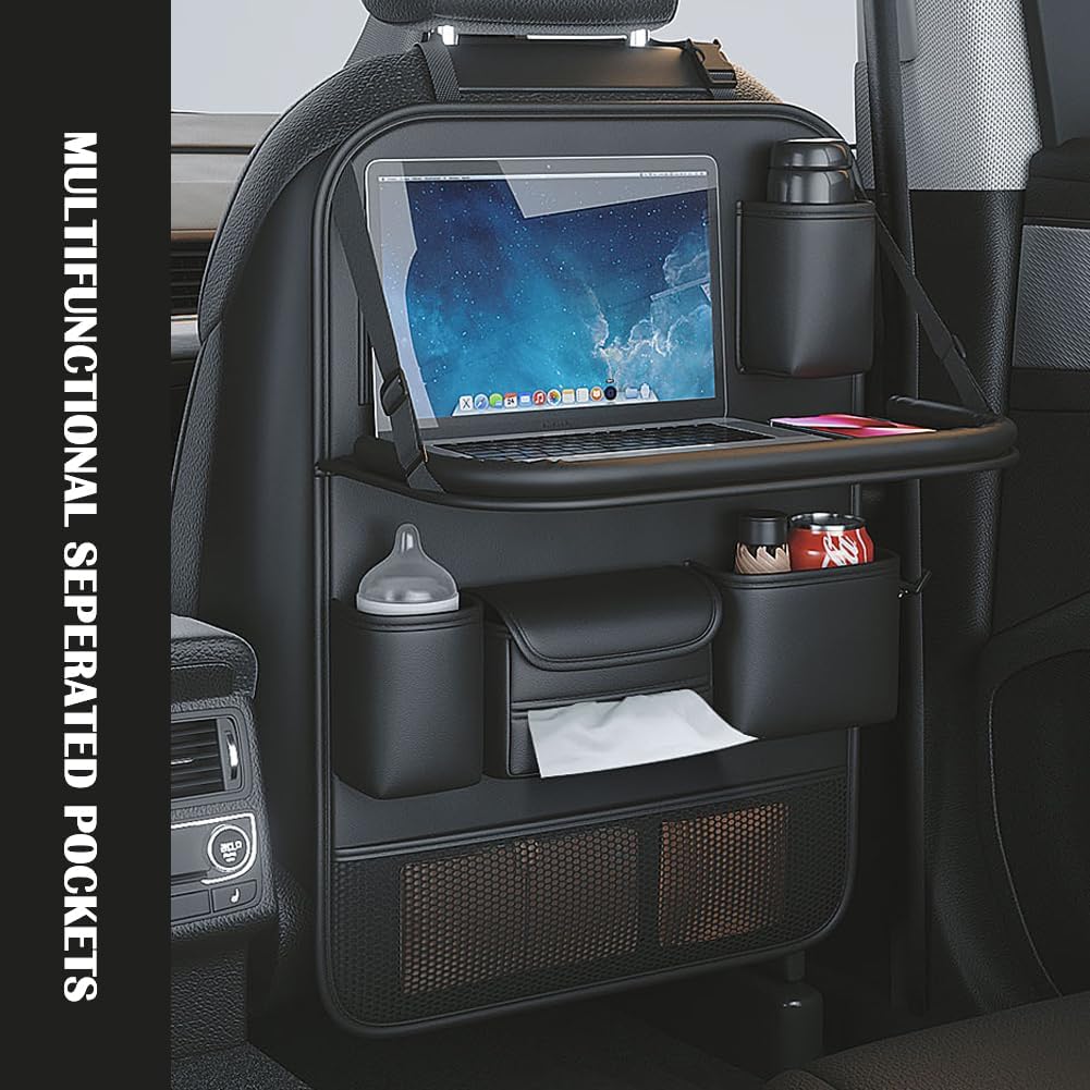 Car Backseat Organizer with Foldable Table Tray,Car Seat Back Protector with Touch Screen Phone Holder,Premium PU Leather Material,Compatible with Most Vehicles,Inner Car Accessories