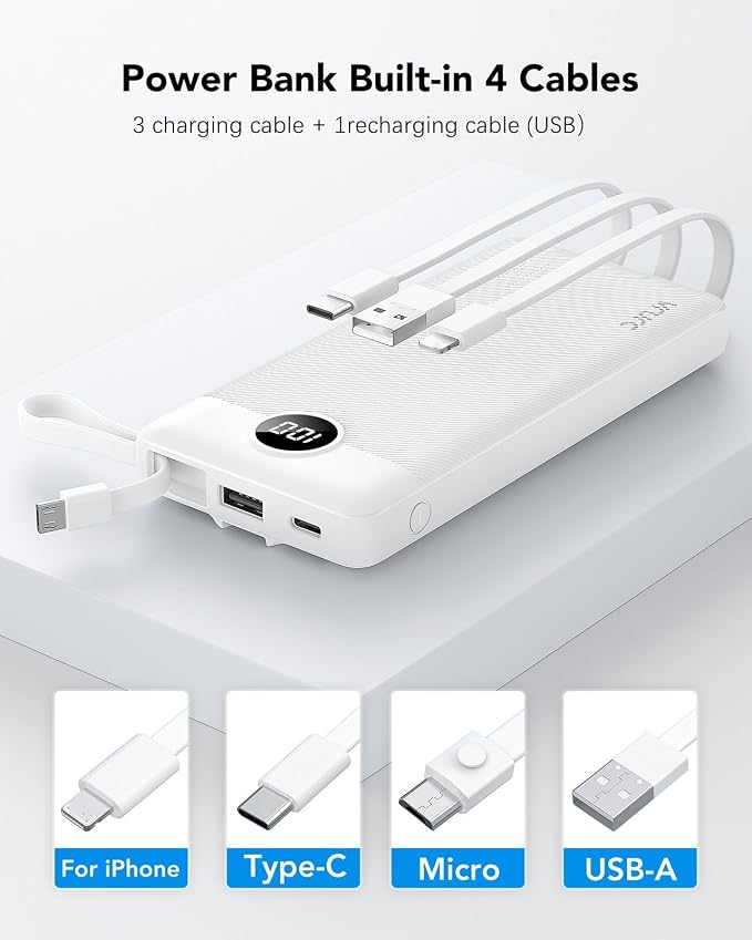 VRURC Portable Charger Power Bank, USB C Battery Pack 10000mAh,5 Outputs 2 Inputs Pocket Travel Charging Bank Built-in Cables for iPhone 17 Pro 17 16 15 14 13,Samsung,Android-White(1 Pack)