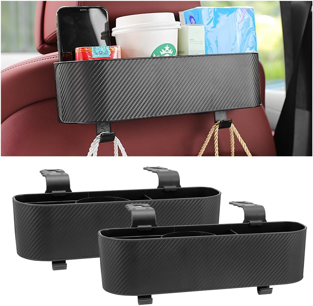 BELOMI Car Headrest Backseat Organizer with Cup Holder, Seat Back Hanging Storage Box with Hooks, Multi-Functional Drink Pocket Food Snack Phone Tray for Kids, Car Travel Accessories (Black)