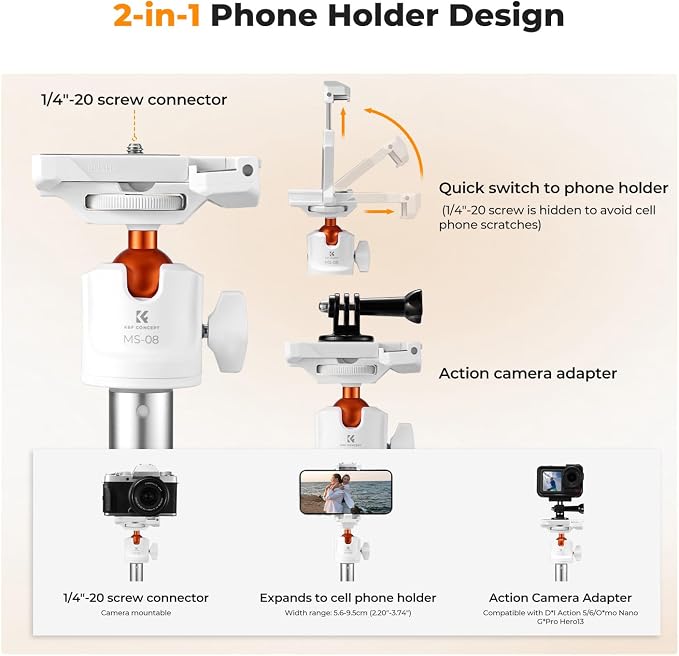 K&F CONCEPT MS08 62'' Selfie Stick Tripod, 2-in-1 Extendable White Phone Tripod