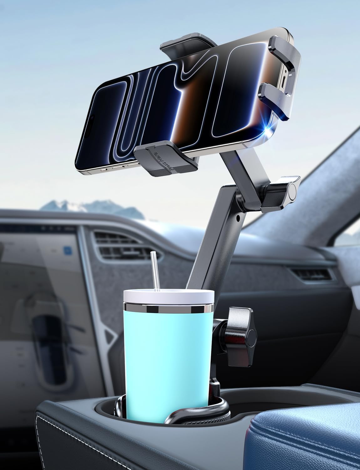 ELWEY Car Cup Holder Phone Holder, 15" Height Phone Mount Fit 2.6-4.8" Car Cupholder, 360° Swiveling Phone Holders for Your Car Fits iPhone 17 16 Pro Max & 4.7-7" Cell Phones