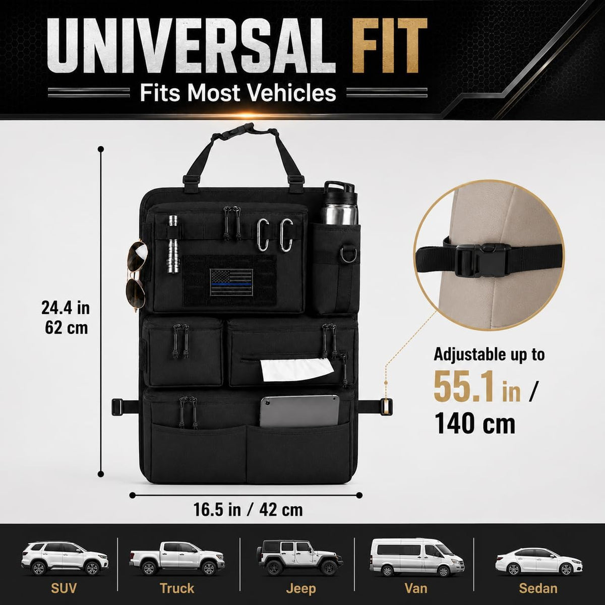 Back Seat Car Organizer: Tactical Heavy-Duty Panel for All Cars SUVs Trucks