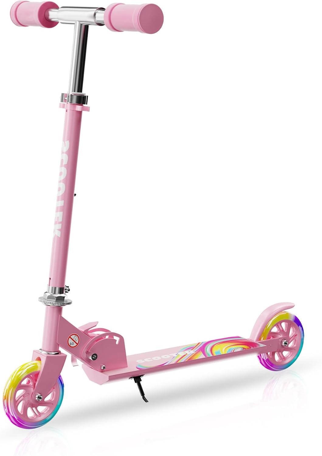 Skiennix Kids Kick Scooter - Adjustable 3-Level Height, LED Light-Up, Lightweight Foldable - Girly Pink
