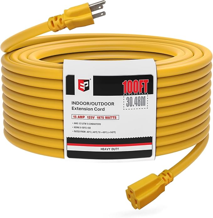 EP 100 Ft Outdoor Extension Cord, 12/3 SJTW Heavy Duty Extension Cable with 3 Prong Grounded Plug, 15 AMP Power Cord for Lawn, Garden, Appliances, Yellow