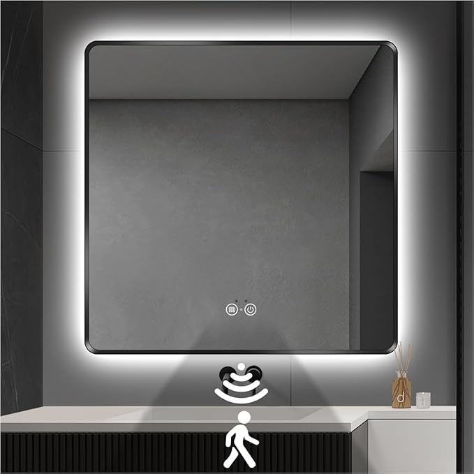 36 x 36 Black LED Bathroom Mirror, Metal Framed Rounded Corner Rectangle Backlit Mirror Bathroom, Anti-Fog, 3-Color Stepless Dimmable Lighted Mirror, Motion Sensor Lights, Memory Function