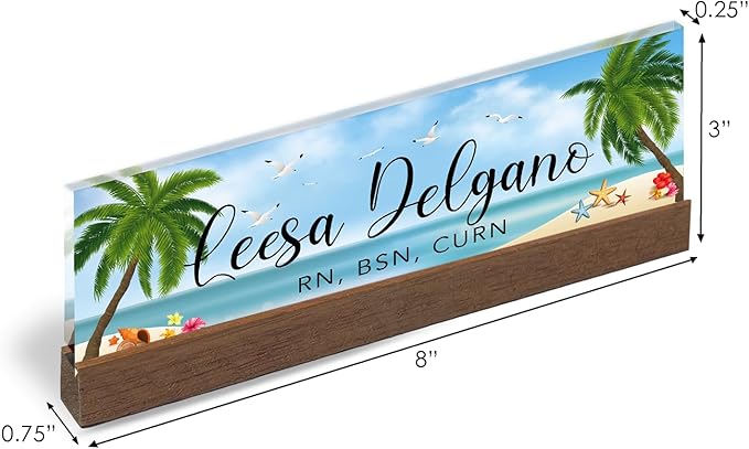 Artblox Personalized Office Desk Name Plate and Business Card Holder | Clear Acrylic Glass with Teak Wood Stand | Sand Beach Design Customized with Your Name and Credentials Office Desk Decor