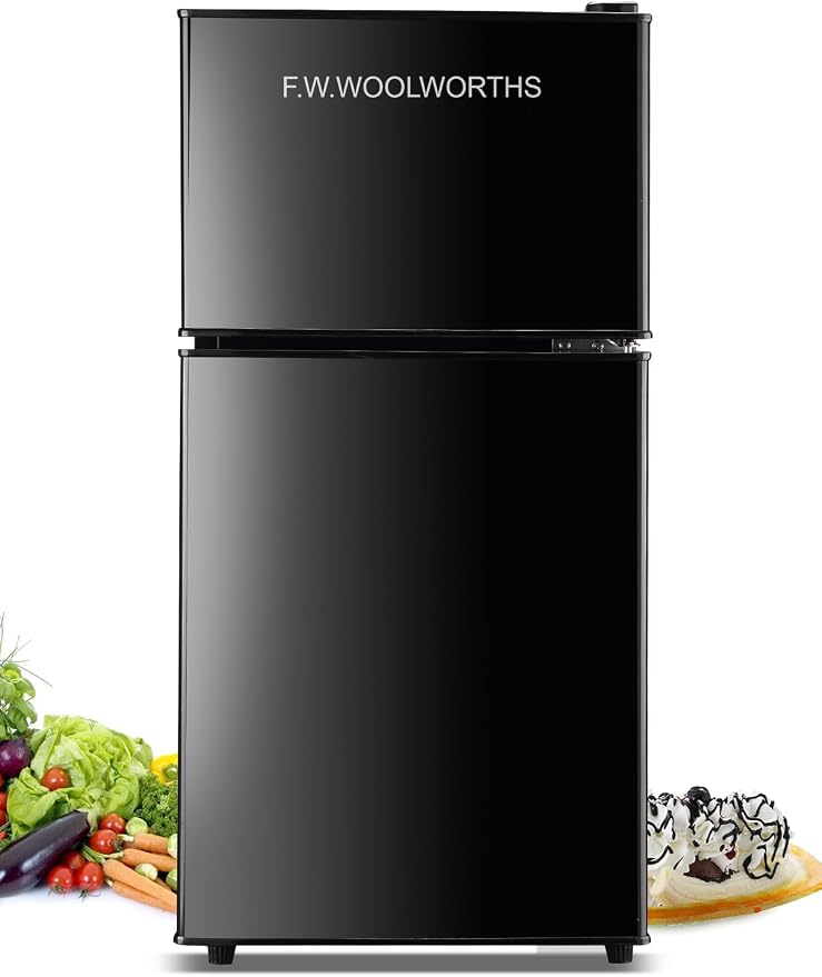 F.W.WOOLWORTHS 3.5 Cu.Ft Refrigerator with Freezer | Compact Fridge with 2 Doors for Office, Kitchen, Dorm and Bedroom, 7 Level Temp Adjustable Thermostat, Black