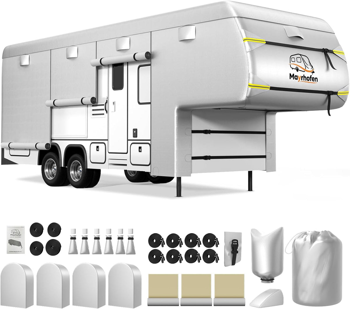 600D Oxford Fabric RV Cover 18-20ft Travel Trailer Cover, 6 Layers Waterproof Rip-Resistant Anti-UV Motorhome Camper Cover with Tongue Jack Protection, Tire Covers, Windproof Straps