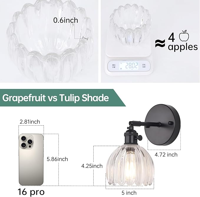 Vintage Wall Sconce with Transparent Tulip Glass Lampshade 180 Degree Adjustable Black Sconce Hradwired Modern Wall Lighting Fixture with Switch for Bedside Bedroom Doorway