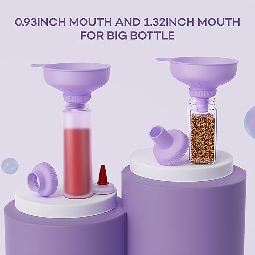 Pisol Wide Mouth Versatile Funnel, Canning Funnels for Kitchen Use, Food Grade Plastic Cooking Funnel Set with 4 Size Spouts and 2 Strainers for Filling Different Bottles and Bags, Purple