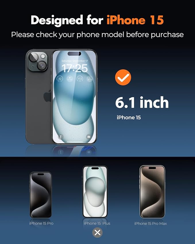 UNBREAKcable iPhone 15 Screen Protector 3-Pack, Upgraded Dual-Tempered Glass +