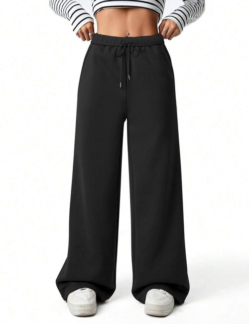FACDIBY Fleece Lined Sweatpants for Women Wide Leg High Waisted Sweat Pants Baggy Drawstring Sherpa Straight Leg Lounge Pants Black M
