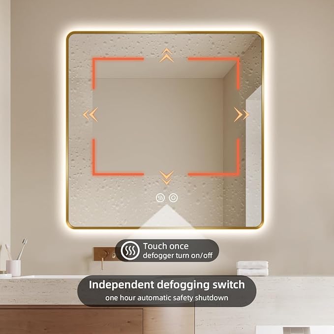 36" x 36" Gold LED Bathroom Mirror with Lights, Lighted Vanity Mirror with Anti-Fog, 3-Color Stepless Dimmable, Memory, Shatterproof, UL-Listed, Wall Backlit Mirror