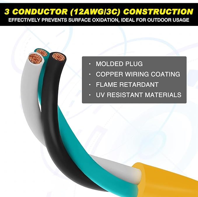 Kanayu 50FT NEMA 5-20 Extension Cord, 5-20P Male Plug to 5-20/5-15R Female Receptacle, 20 Amp T-Blade Outlet Extension Power Cord with Indicator Light, 12 AWG, ETL Listed