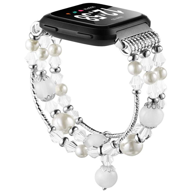 Simpeak Bracelet Elastic Band Compatible with Fitbit Versa/Versa 2/Versa Lite/Versa SE Smartwatch Only, Women Beaded Pearl Band Replacement for Fitbit Versa 2/Lite/SE, White