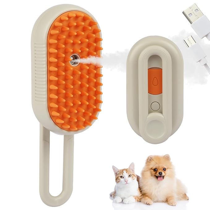 6 in 1 Cat Steam Brush for Shedding, Portable Anti-Static Grooming Comb for Cats & Dogs, Steam Misting Water Brush, Self-Cleaning Pet Hair Remover, Indoor Cat Spray Brushes for Cats & Dogs