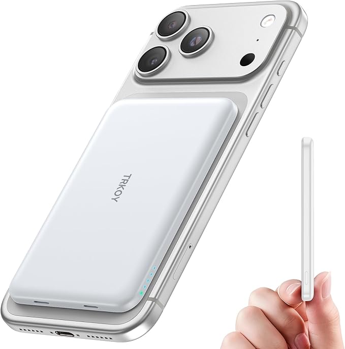 TRKOY for Magsafe Portable Charger, 5000mAh Wireless Magnetic Power Bank with USB C Charging,Travel Essential for Magsafe Battery Pack Compatible with iPhone 17/16/15/14/13/12 Series, Snow White