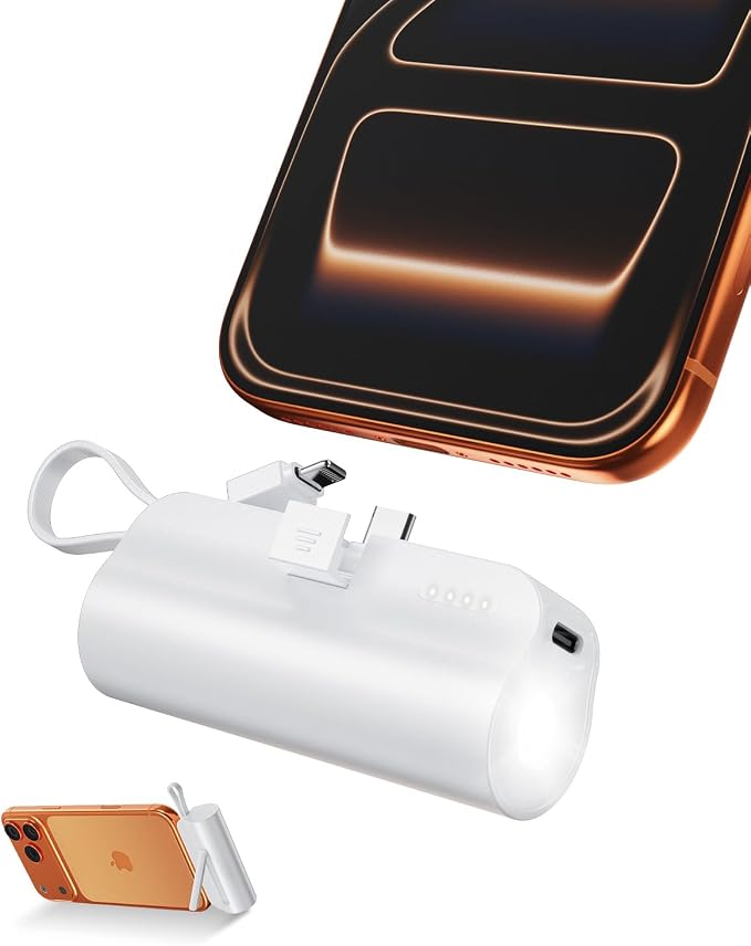 5000mAh Mini Portable Charger with Built-in Type C Connector & Cables,5V 2.4A USB-C Small Power Bank,2 Output Flashlight External Battery Pack Compatible with iPhone 17-12 Pro Galaxy,iPad (White)