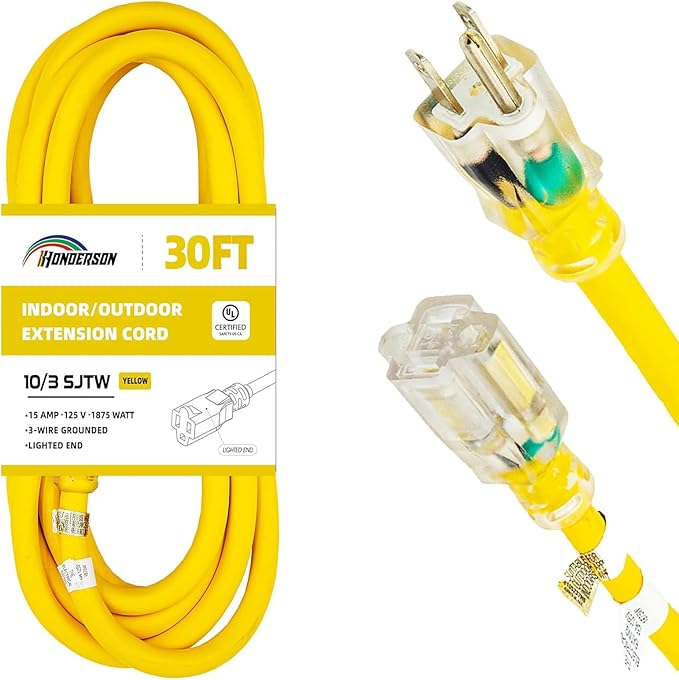 Indoor Outdoor Extension Cord Weatherproof with Lighted End, UL Listed, 10 Gauge 30FT Yellow 3 Prong Heavy Duty, 10/3 SJTW 15A Power Cord for Outdoor Lights, Lawn