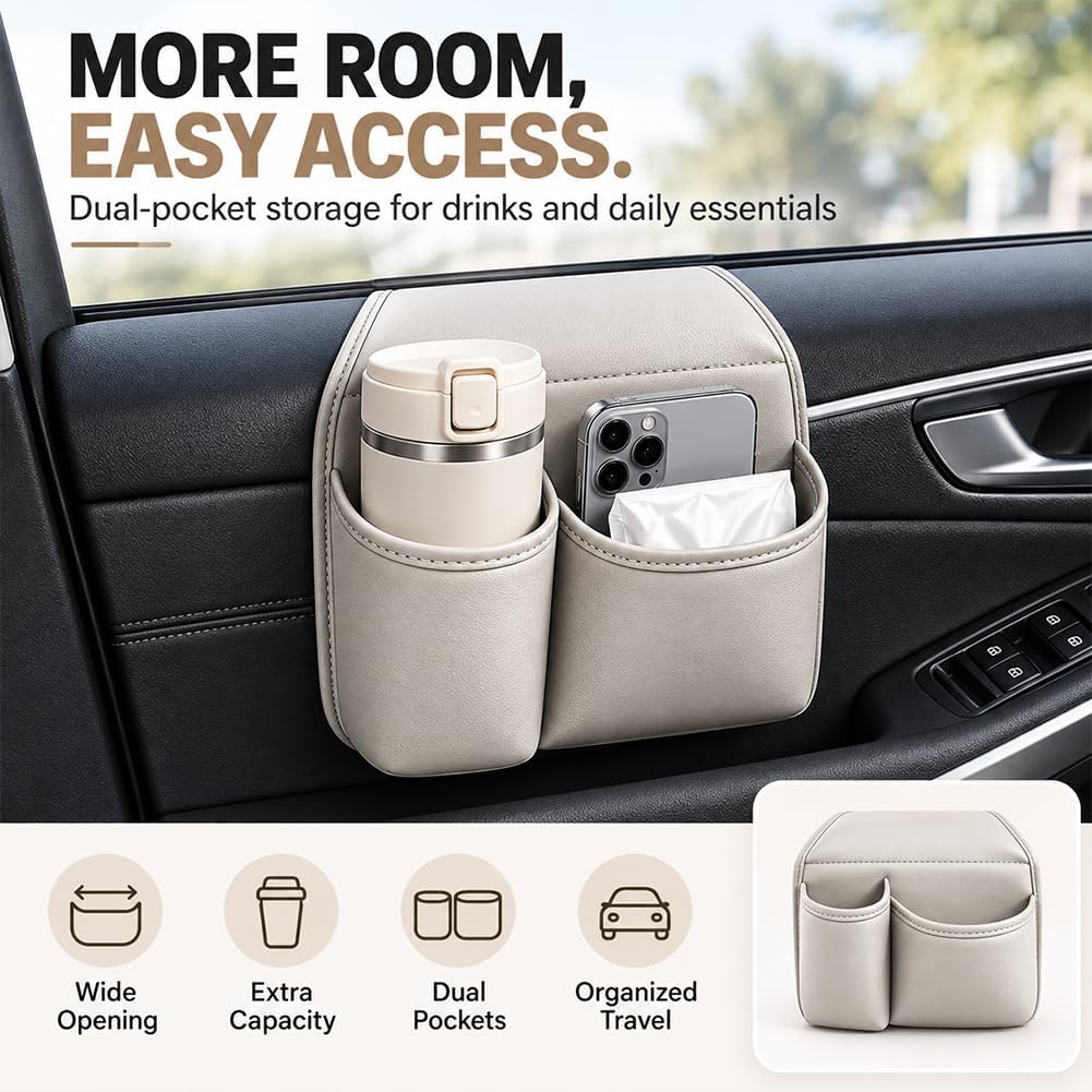 Leather Car Door Cup Holder Window Extra Wide-Mouth Organizer Drink Storage (Orange, S)