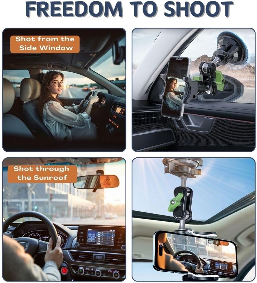 Suction Cup Phone Mount, Ultra-Stable Phone Holder for Vlog Shooting, 360 Rotation for Windshield, Roof Glass, Car Window, Fit for All Smartphones