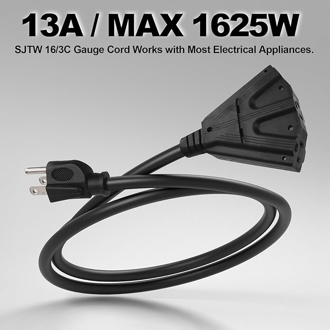 EP 2 Pack 6 Ft Outdoor Extension Cord with 3 Electrical Power Outlets - 16/3 SJTW Black Cable with 3 Prong Grounded Plug for Safety Great for Christmas Lights, Garden and Major Appliances