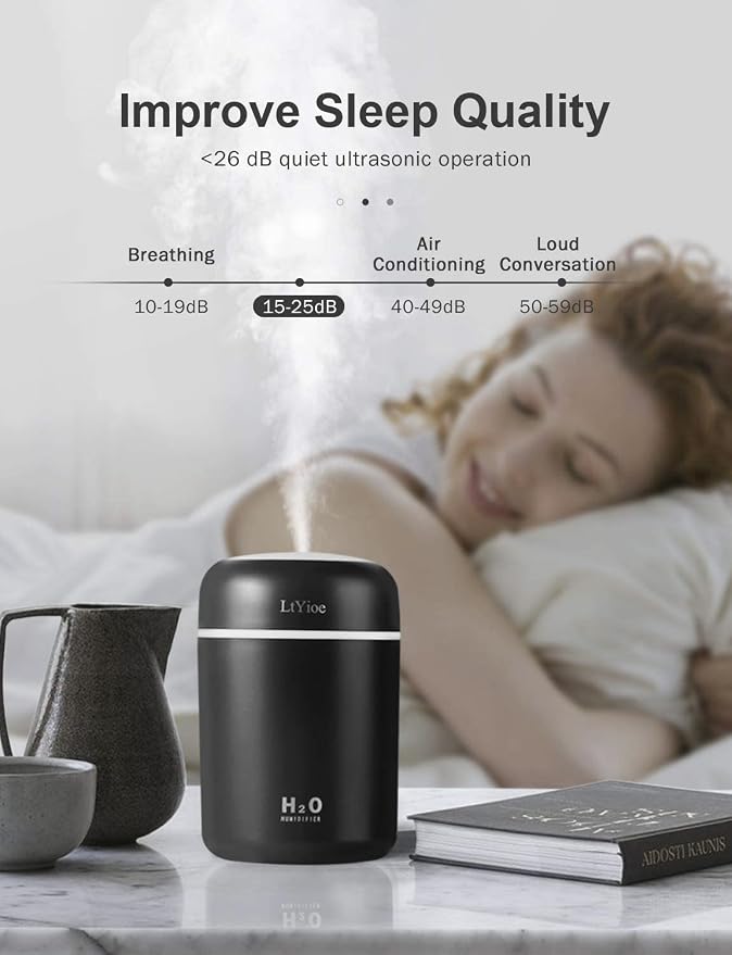 Humidifier Portable Mini Humidifiers for Bedroom, Personal Desktop Cool Mist Air Humidifier with Colorful Night Light, 2 Mist Modes & Auto Shut-Off, Super Quiet for Car Office Home (Black)
