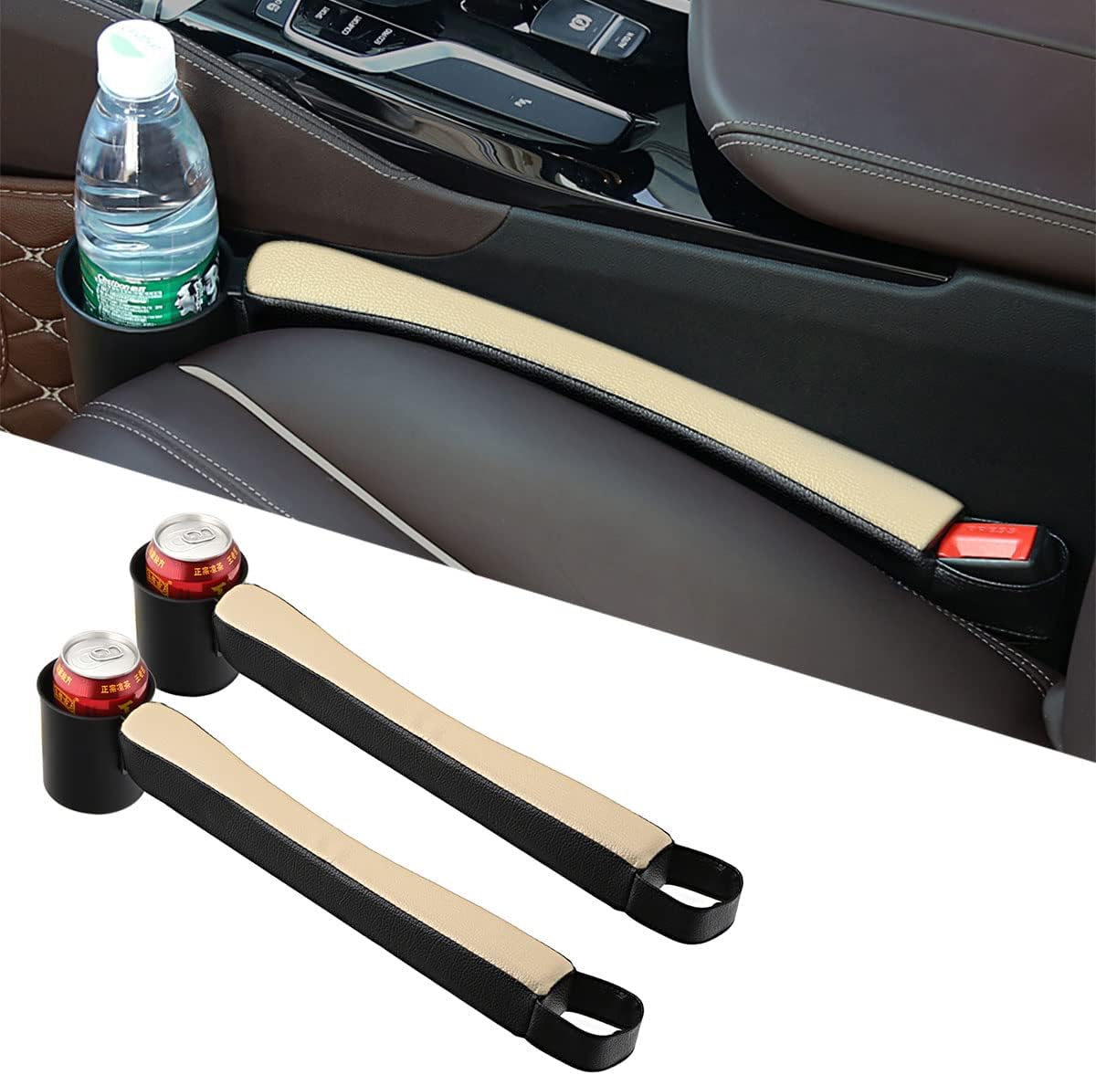 Tumecos Car Seat Gap Filler Pad PU Leather Console Side Pocket Organizer with One Cup Holder for Cellphone Wallet Coin Key 2 Pcs (Black+Black Surface)