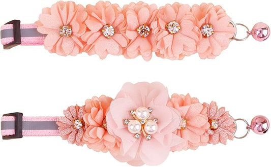 2 Pack Cat Collar Pink Floral with Bell and Removable Flower Bowtie Breakaway Adjustable Cat Collar for Girl Kitten Puppy Small Cats Dogs Daily Decoration (XQ102-2)