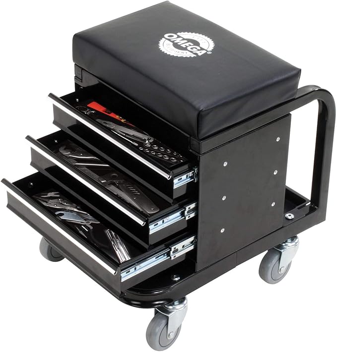 Omega-Lift Mechanic Stool with Wheels – Tool Box with Padded Chair Seat and Rolling Wheels for Garage – 450 Lbs Capacity