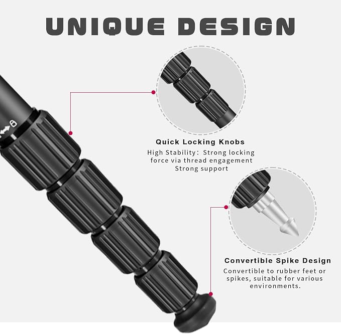 TONYBOO 65” Aluminum Camera Monopod, Lightweight & Portable, 5-Section Travel