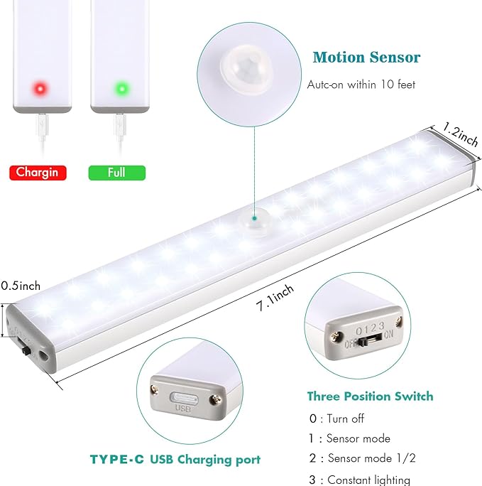 LED Closet Light Motion Activated,28LED Type-C Under Cabinet Lights, Homelife Motion Sensor LED Lights, Stick-on Anywhere Battery Operated Motion Sensor Night Light for Closet Hallway Stairway Lamp