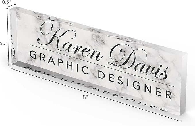 Artblox Personalized Name Plate for Desk | White Marble Design On Clear Acrylic Glass | Custom Plaque Desk Name Plate Personalized Your Name and Credentials Office Office Sign Engraved Plaque