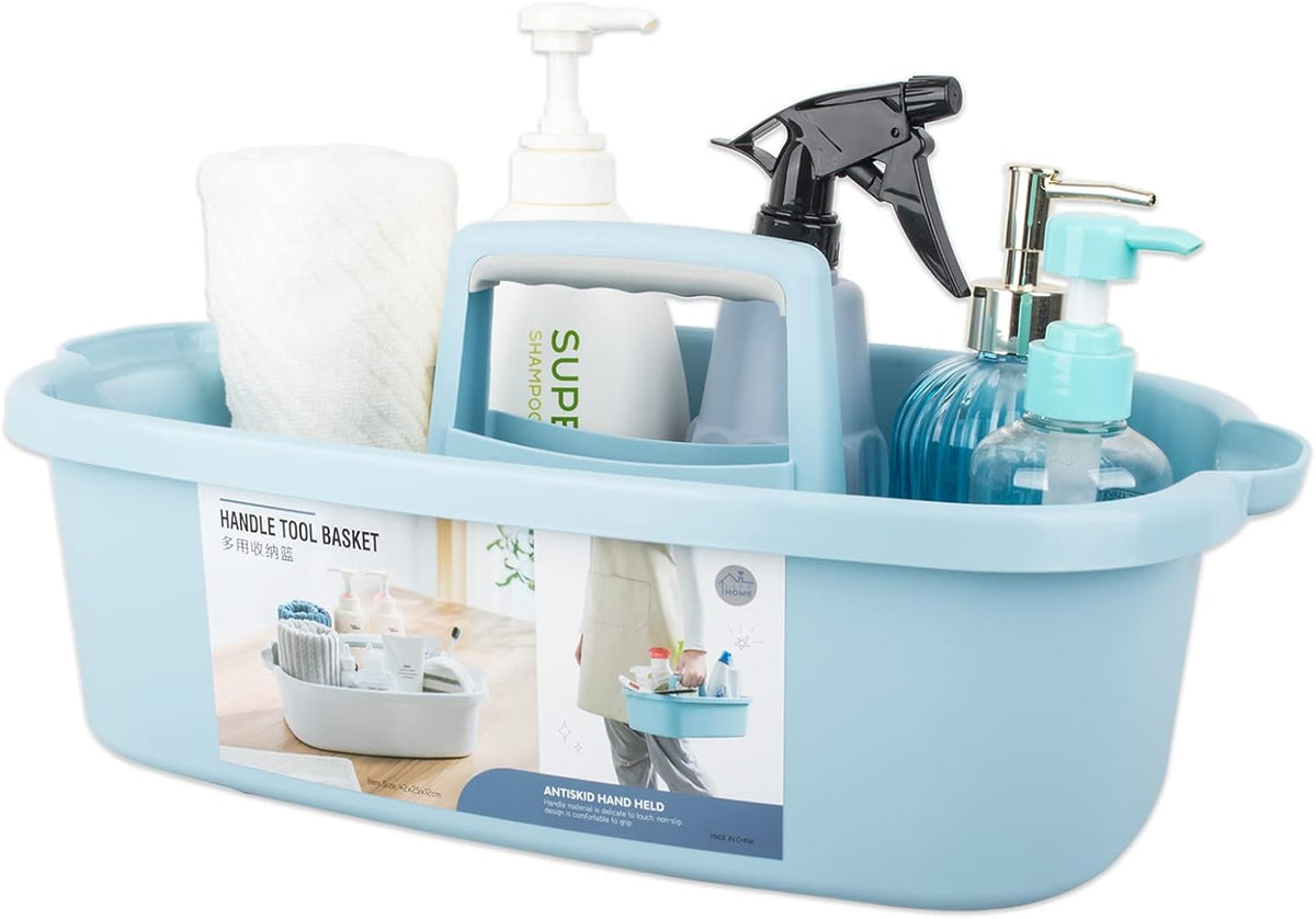 Large Cleaning Supplies Caddy Portable Shower Basket Supply Organizer with Handle Plastic Bucket Tool Storage for Bathroom, Bedroom, Kitchen, College Dorm, Garden, Clear Grey