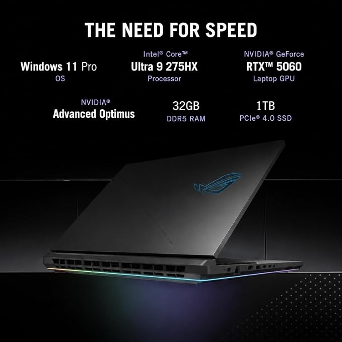 ASUS ROG Strix G18 Gaming Laptop, 18” 2.5K 240Hz Nebula Display, Intel Core Ultra 9 275HX, GeForce RTX 5060, 32 GB DDR5-5600, 1 TB SSD, Wi-Fi 7, Windows 11 Pro, RGB Backlit KB, ROG Cooling, Gaming PC