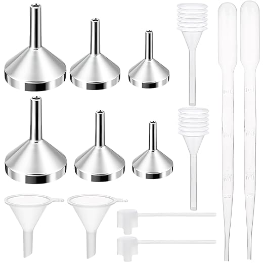 14 Pcs Small Funnel Set, Silver Aluminium Metal Mini Funnels, Clear Plastic Dropper Plastic Dispenser for Bottle Filing Essential Oil, Liquid, Glitter Powder, Perfume, Cosmetics, Crafts, Sand
