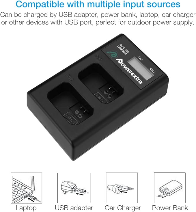 NP-FW50 Battery and Smart LCD Display Dual USB Charger Compatible