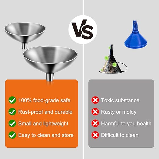 Serinar 2 Piece Small Stainless Steel Filling Mini Funnel, Flask Funnel, Large for Kitchen, Small for Flask, Essential Oil Delivery