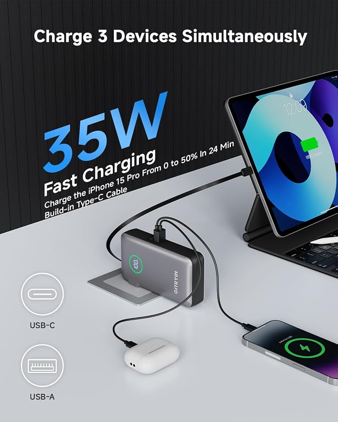 Portable Charger with Built in 25.6in Retractable Cable and Wall Plug, 10000mAh USB C Travel Power Bank, 35W Fast Charging Battery Pack Compatible with iPhone 16 15 14 13 Samsung Android Phone etc