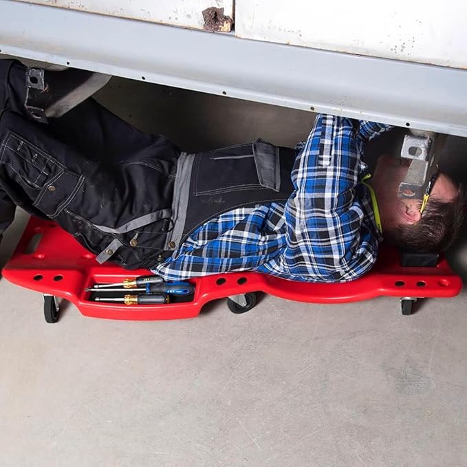 AFF XL Mechanic's Creeper - 47" Length Ergonomic Creeper with Padded Headrest & Magnetic Tool Trays - Super Duty