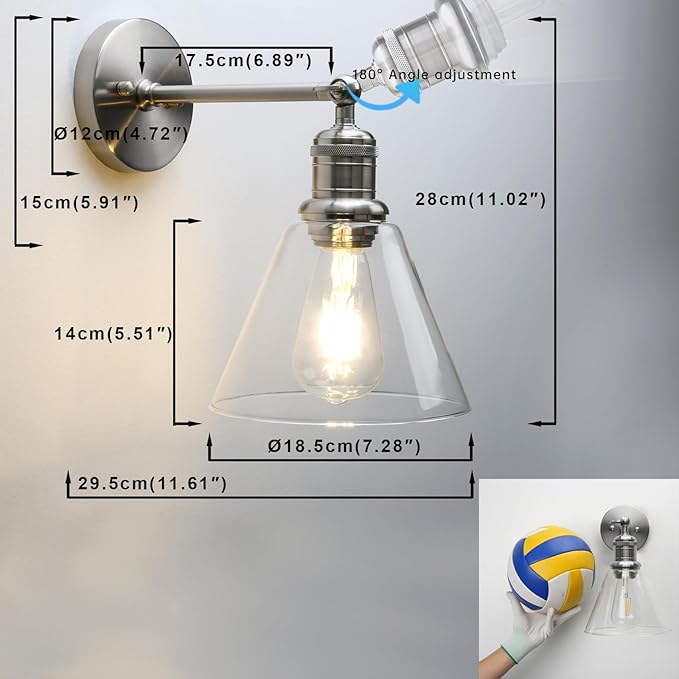 Yosoan Indoor Wall Sconce Fixture Light, 1-Light Modern Single Brass Vintage Industrial Hardwired with Funnel Flared Clear Glass Shade Lamp for Bathroom Sink Porch Kitchen Living Room(Brushed)