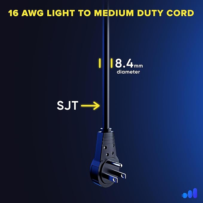 Maximm Cable 2 Feet 360° Rotating Flat Plug Extension Cord/Wire, 3 Prong Grounded Wire 16 Awg Power Cord - Black UL Certified