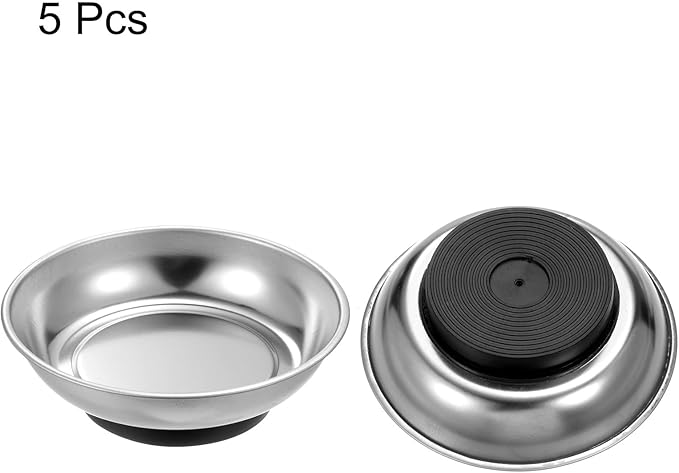 HARFINGTON 5pcs Round Magnetic Tray 4" x 1.26" Stainless Steel Magnet Tool Tray Parts Holder for Socket Screw Nuts Bolts Pin Washers Metal Parts