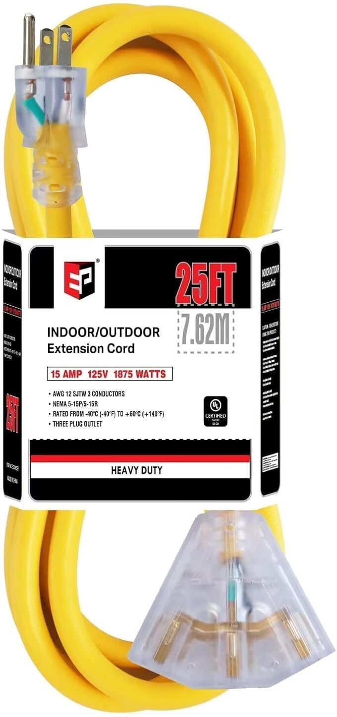 EP 25 Ft 12 Gauge Heavy Duty Extension Cord, 15A 125V 1875W, 3 Outlet Indoor/Outdoor Power Cord with Lighted End, 12/3 SJTW Weatherproof Yellow
