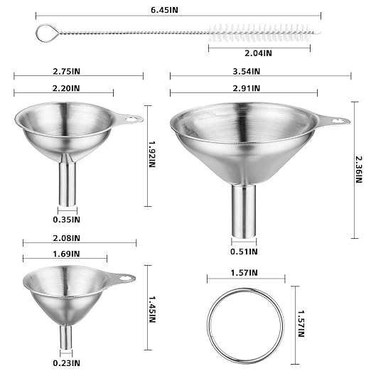 Stainless Steel Funnels 3pc Small Medium Large Metal Funnels Set with 2 Cleaning Brushes for Liquids, Essential Oils, and Spices