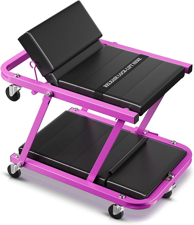 Auto Dynasty 48" Z-Creeper Seat, 2-in-1 Foldable Garage Creeper Shop Seat, 330 LBS Capacity Automotive Mechanic Repair Under Car Rolling Creeper Seat, Purple